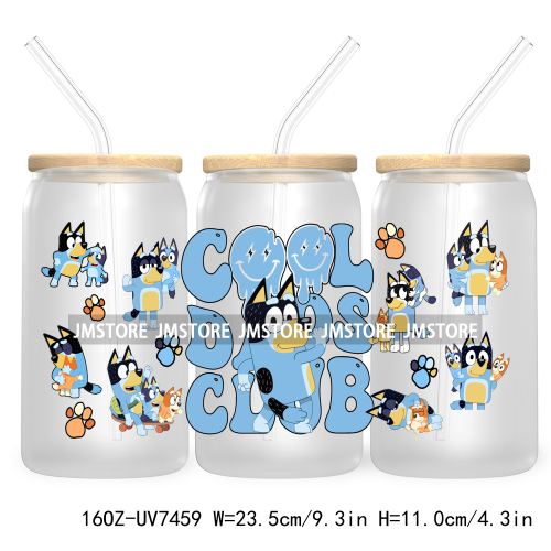 Cartoon Blue Dog Mama Dad Family 16OZ UV DTF Cup Wrap Transfers Stickers For Libbey Glass Can Cups Tumbler Waterproof Labels