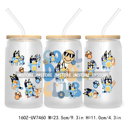 Cartoon Blue Dog Mama Dad Family 16OZ UV DTF Cup Wrap Transfers Stickers For Libbey Glass Can Cups Tumbler Waterproof Labels