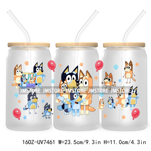 Cartoon Blue Dog Mama Dad Family 16OZ UV DTF Cup Wrap Transfers Stickers For Libbey Glass Can Cups Tumbler Waterproof Labels