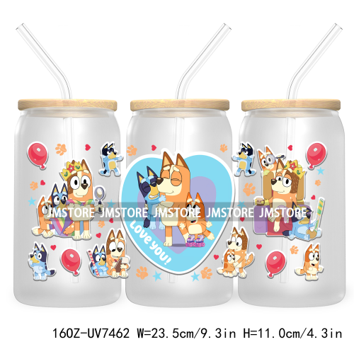 Cartoon Blue Dog Mama Dad Family 16OZ UV DTF Cup Wrap Transfers Stickers For Libbey Glass Can Cups Tumbler Waterproof Labels