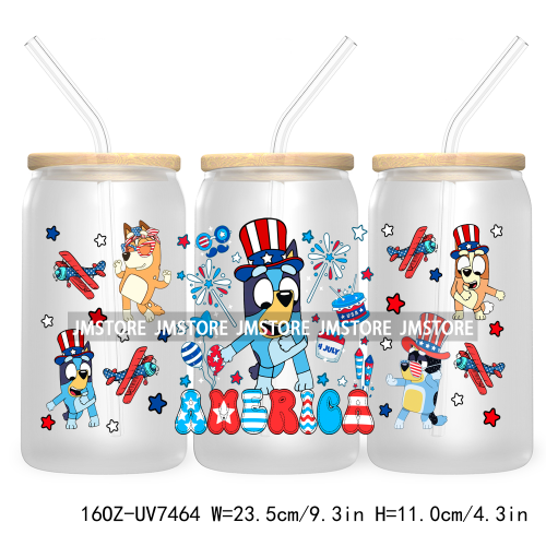 Cartoon Blue Dog Mama Dad Family 16OZ UV DTF Cup Wrap Transfers Stickers For Libbey Glass Can Cups Tumbler Waterproof Labels