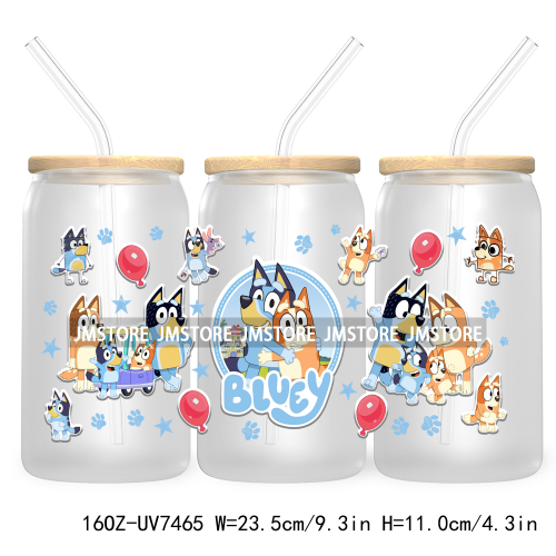 Cartoon Blue Dog Mama Dad Family 16OZ UV DTF Cup Wrap Transfers Stickers For Libbey Glass Can Cups Tumbler Waterproof Labels