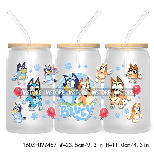 Cartoon Blue Dog Mama Dad Family 16OZ UV DTF Cup Wrap Transfers Stickers For Libbey Glass Can Cups Tumbler Waterproof Labels