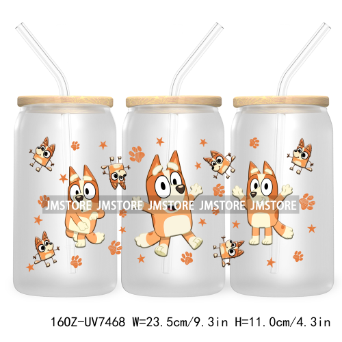 Cartoon Blue Dog Mama Dad Family 16OZ UV DTF Cup Wrap Transfers Stickers For Libbey Glass Can Cups Tumbler Waterproof Labels