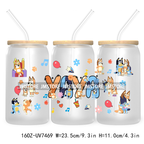 Cartoon Blue Dog Mama Dad Family 16OZ UV DTF Cup Wrap Transfers Stickers For Libbey Glass Can Cups Tumbler Waterproof Labels