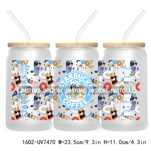 Cartoon Blue Dog Mama Dad Family 16OZ UV DTF Cup Wrap Transfers Stickers For Libbey Glass Can Cups Tumbler Waterproof Labels