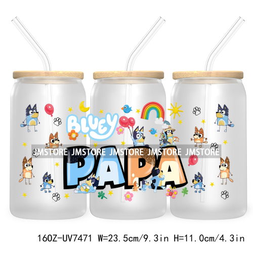 Cartoon Blue Dog Mama Dad Family 16OZ UV DTF Cup Wrap Transfers Stickers For Libbey Glass Can Cups Tumbler Waterproof Labels