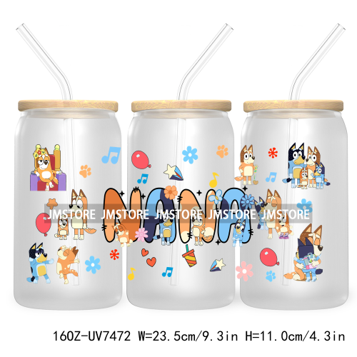 Cartoon Blue Dog Mama Dad Family 16OZ UV DTF Cup Wrap Transfers Stickers For Libbey Glass Can Cups Tumbler Waterproof Labels