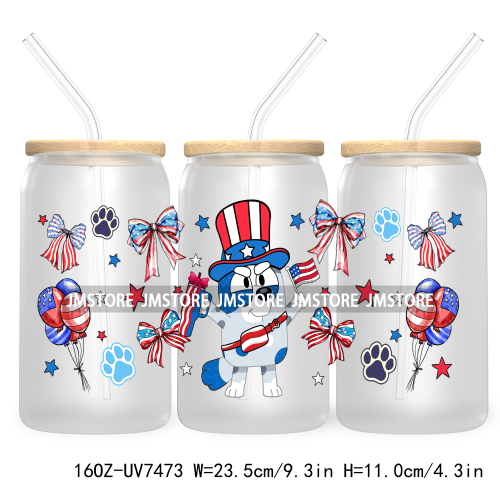 Cartoon Blue Dog Mama Dad Family 16OZ UV DTF Cup Wrap Transfers Stickers For Libbey Glass Can Cups Tumbler Waterproof Labels