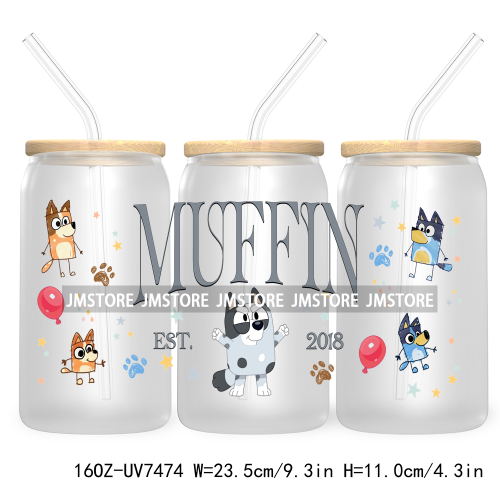 Cartoon Blue Dog Mama Dad Family 16OZ UV DTF Cup Wrap Transfers Stickers For Libbey Glass Can Cups Tumbler Waterproof Labels