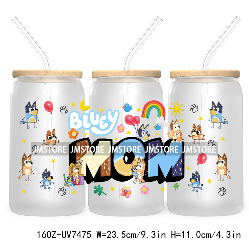 Cartoon Blue Dog Mama Dad Family 16OZ UV DTF Cup Wrap Transfers Stickers For Libbey Glass Can Cups Tumbler Waterproof Labels