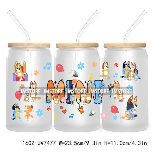 Cartoon Blue Dog Mama Dad Family 16OZ UV DTF Cup Wrap Transfers Stickers For Libbey Glass Can Cups Tumbler Waterproof Labels