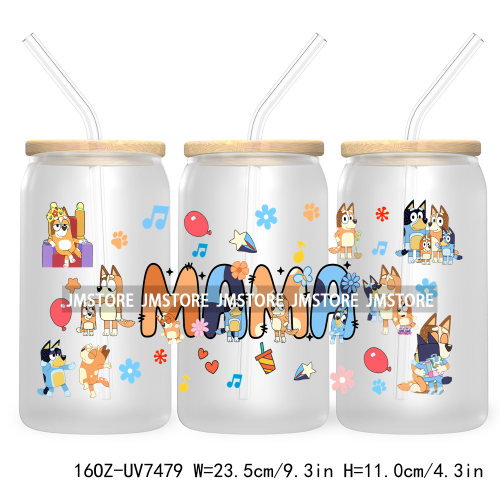 Cartoon Blue Dog Mama Dad Family 16OZ UV DTF Cup Wrap Transfers Stickers For Libbey Glass Can Cups Tumbler Waterproof Labels