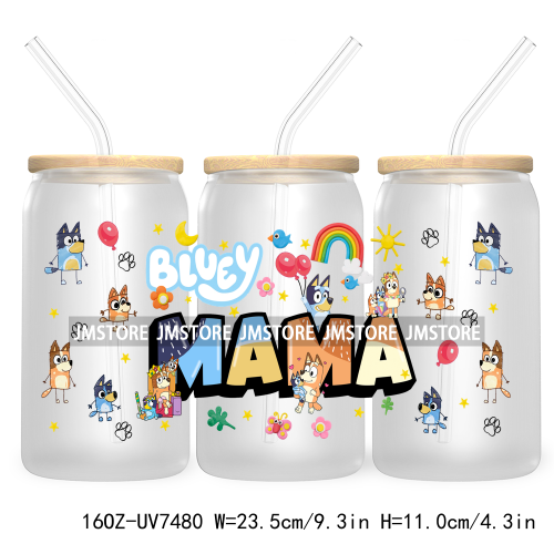 Cartoon Blue Dog Mama Dad Family 16OZ UV DTF Cup Wrap Transfers Stickers For Libbey Glass Can Cups Tumbler Waterproof Labels