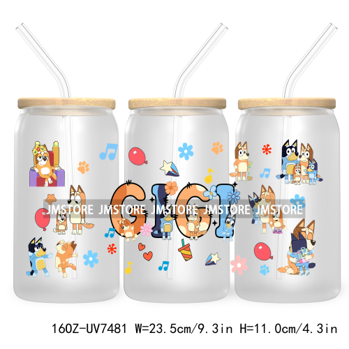 Cartoon Blue Dog Mama Dad Family 16OZ UV DTF Cup Wrap Transfers Stickers For Libbey Glass Can Cups Tumbler Waterproof Labels