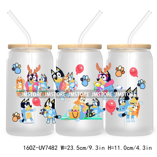 Cartoon Blue Dog Mama Dad Family 16OZ UV DTF Cup Wrap Transfers Stickers For Libbey Glass Can Cups Tumbler Waterproof Labels