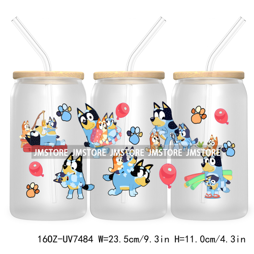 Cartoon Blue Dog Mama Dad Family 16OZ UV DTF Cup Wrap Transfers Stickers For Libbey Glass Can Cups Tumbler Waterproof Labels