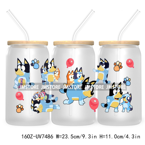 Cartoon Blue Dog Mama Dad Family 16OZ UV DTF Cup Wrap Transfers Stickers For Libbey Glass Can Cups Tumbler Waterproof Labels