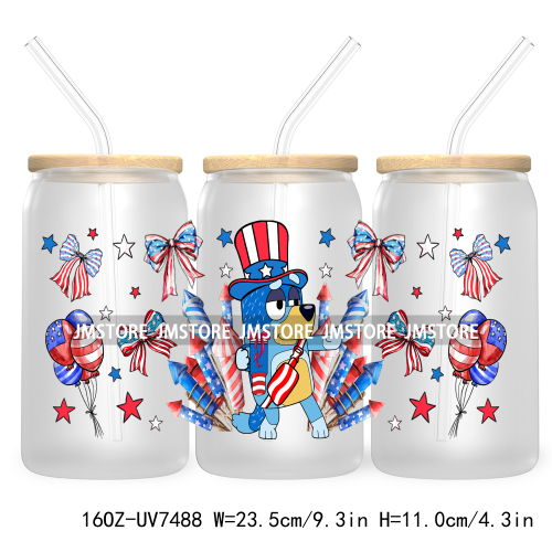 Cartoon Blue Dog Mama Dad Family 16OZ UV DTF Cup Wrap Transfers Stickers For Libbey Glass Can Cups Tumbler Waterproof Labels