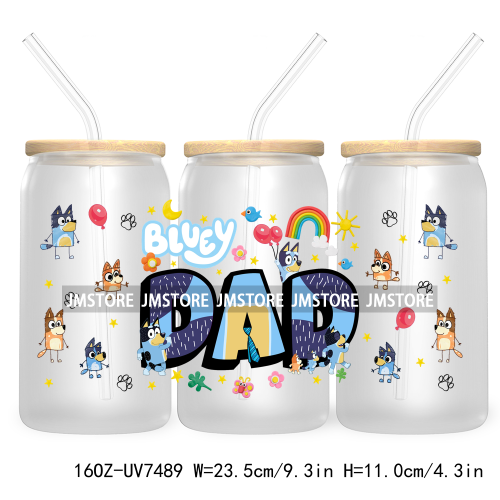 Cartoon Blue Dog Mama Dad Family 16OZ UV DTF Cup Wrap Transfers Stickers For Libbey Glass Can Cups Tumbler Waterproof Labels