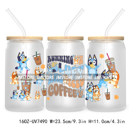 Cartoon Blue Dog Mama Dad Family 16OZ UV DTF Cup Wrap Transfers Stickers For Libbey Glass Can Cups Tumbler Waterproof Labels