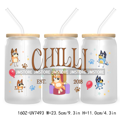 Cartoon Blue Dog Mama Dad Family 16OZ UV DTF Cup Wrap Transfers Stickers For Libbey Glass Can Cups Tumbler Waterproof Labels