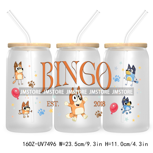 Cartoon Blue Dog Mama Dad Family 16OZ UV DTF Cup Wrap Transfers Stickers For Libbey Glass Can Cups Tumbler Waterproof Labels