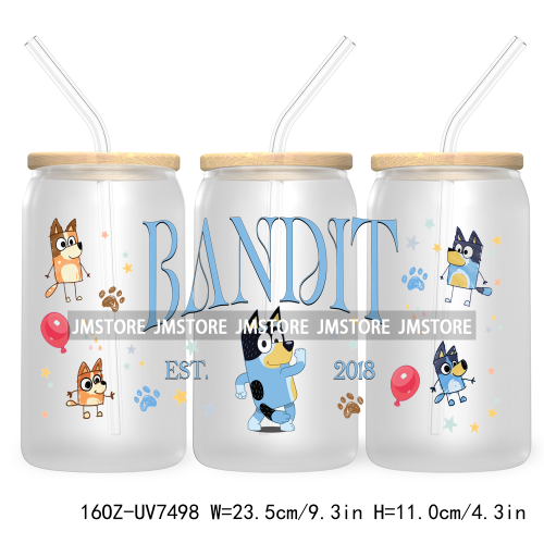 Cartoon Blue Dog Mama Dad Family 16OZ UV DTF Cup Wrap Transfers Stickers For Libbey Glass Can Cups Tumbler Waterproof Labels