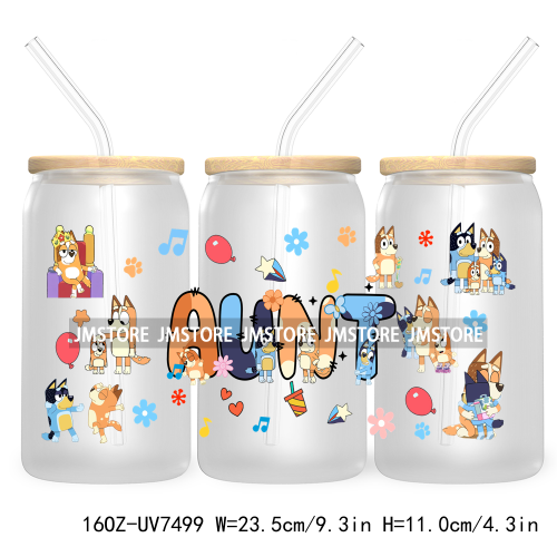 Cartoon Blue Dog Mama Dad Family 16OZ UV DTF Cup Wrap Transfers Stickers For Libbey Glass Can Cups Tumbler Waterproof Labels