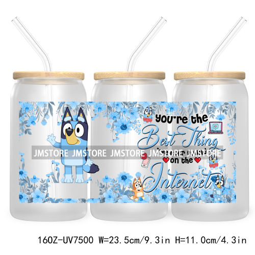 Cartoon Blue Dog Mama Dad Family 16OZ UV DTF Cup Wrap Transfers Stickers For Libbey Glass Can Cups Tumbler Waterproof Labels