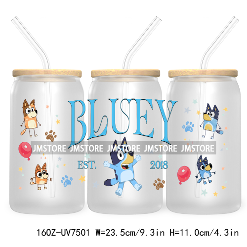 Cartoon Blue Dog Mama Dad Family 16OZ UV DTF Cup Wrap Transfers Stickers For Libbey Glass Can Cups Tumbler Waterproof Labels