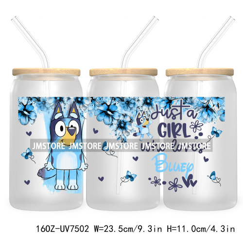 Cartoon Blue Dog Mama Dad Family 16OZ UV DTF Cup Wrap Transfers Stickers For Libbey Glass Can Cups Tumbler Waterproof Labels