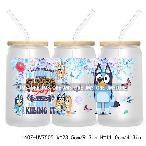 Cartoon Blue Dog Mama Dad Family 16OZ UV DTF Cup Wrap Transfers Stickers For Libbey Glass Can Cups Tumbler Waterproof Labels