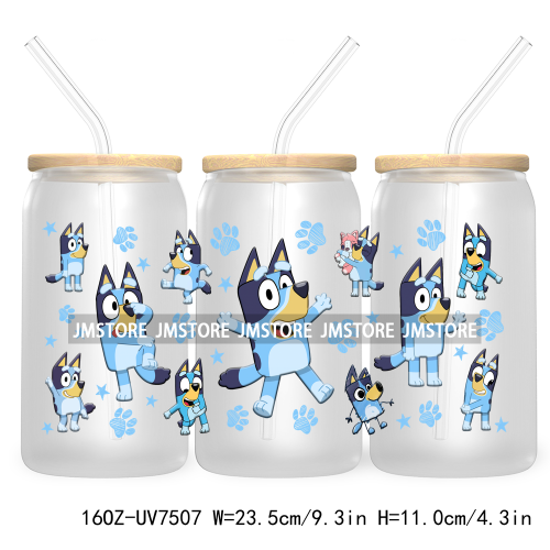 Cartoon Blue Dog Mama Dad Family 16OZ UV DTF Cup Wrap Transfers Stickers For Libbey Glass Can Cups Tumbler Waterproof Labels