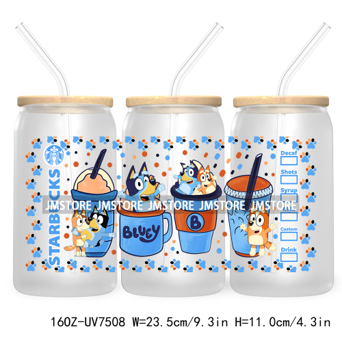 Cartoon Blue Dog Mama Dad Family 16OZ UV DTF Cup Wrap Transfers Stickers For Libbey Glass Can Cups Tumbler Waterproof Labels