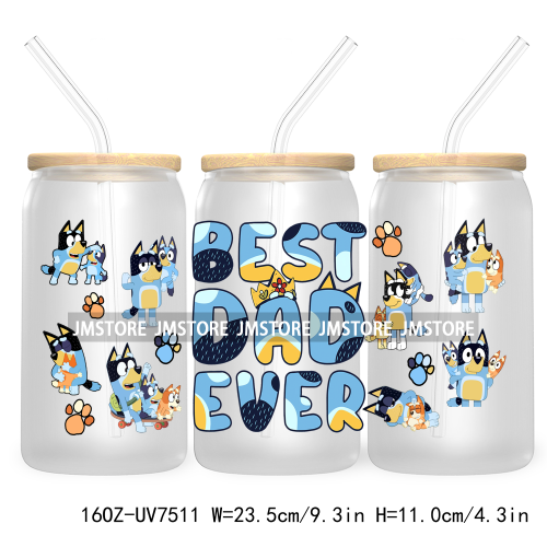 Cartoon Blue Dog Mama Dad Family 16OZ UV DTF Cup Wrap Transfers Stickers For Libbey Glass Can Cups Tumbler Waterproof Labels