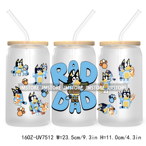 Cartoon Blue Dog Mama Dad Family 16OZ UV DTF Cup Wrap Transfers Stickers For Libbey Glass Can Cups Tumbler Waterproof Labels