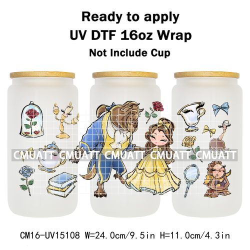 UV DTF Transfer Cup Wraps Princess 16 once Bulk Designs For Mugs Bottle Glass Tumbler Custom DIY Craft