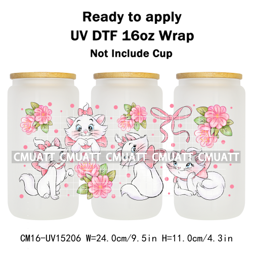 UV DTF Cup Wraps Wholesale Custom Bulk Waterproof Cartoon Cat Pink Designs For Mugs Bottle 16oz Glass DIY