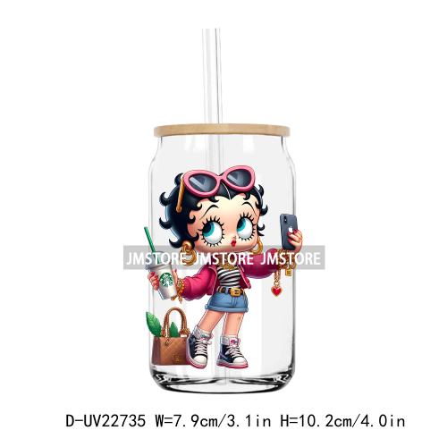 Fashion Cartoon Girl Women With Coffee UV DTF Transfers Stickers Decals For Libbey Cold Cups Mugs Tumbler Waterproof DIY Craft