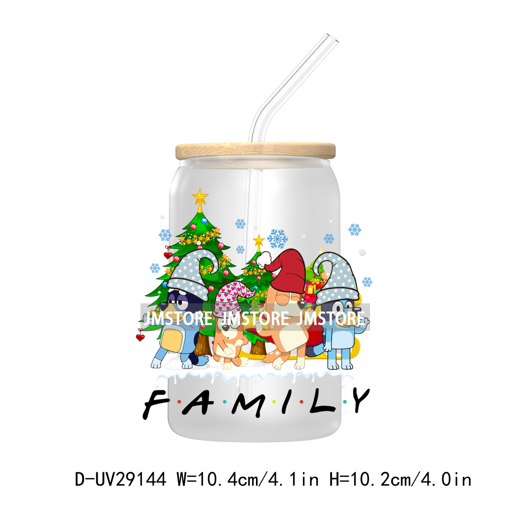 Blue Dog Cartoon Christmas Family UV DTF Transfer Stickers Decals For Libbey Cold Cups Mug Tumbler Waterproof Label Xmas Holiday