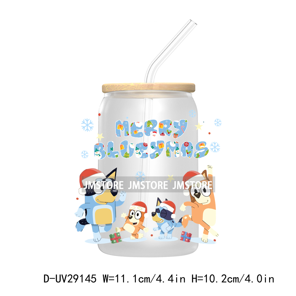 Blue Dog Cartoon Christmas Family UV DTF Transfer Stickers Decals For Libbey Cold Cups Mug Tumbler Waterproof Label Xmas Holiday