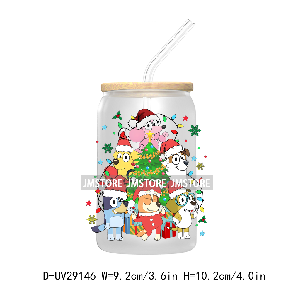 Blue Dog Cartoon Christmas Family UV DTF Transfer Stickers Decals For Libbey Cold Cups Mug Tumbler Waterproof Label Xmas Holiday