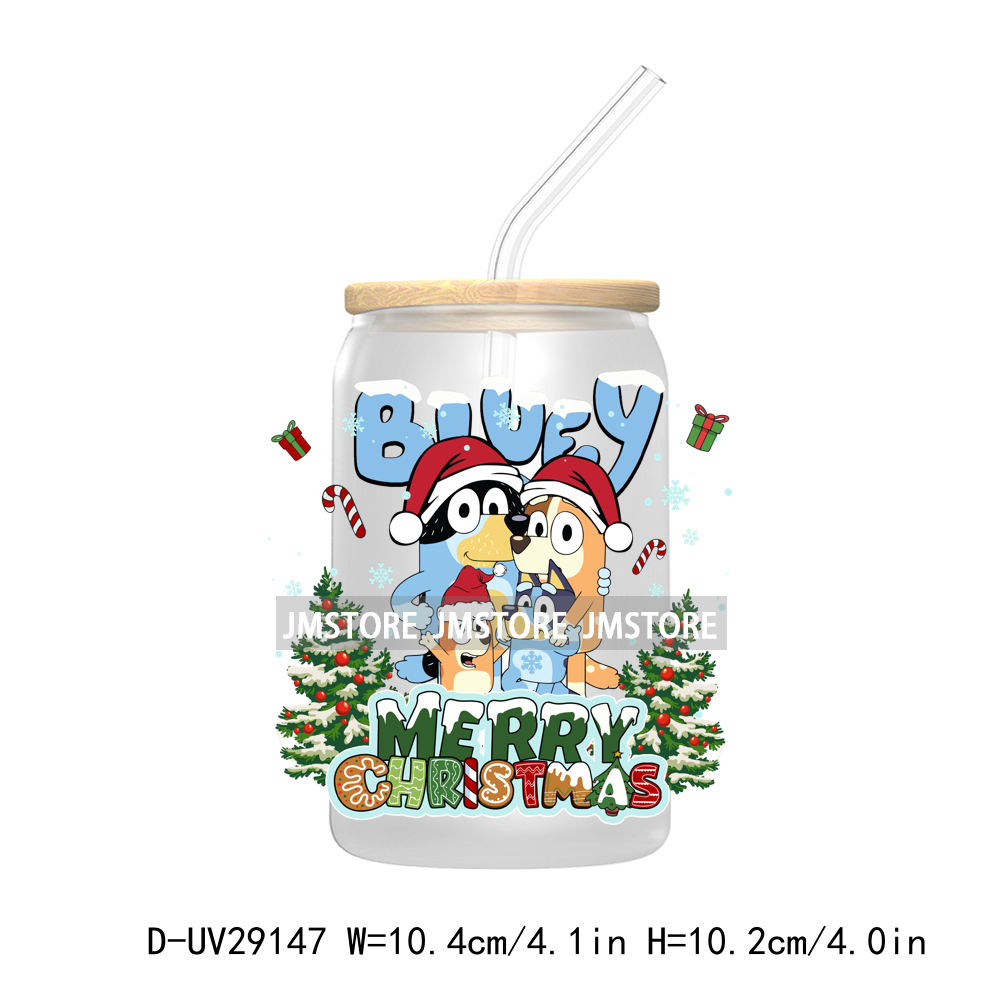 Blue Dog Cartoon Christmas Family UV DTF Transfer Stickers Decals For Libbey Cold Cups Mug Tumbler Waterproof Label Xmas Holiday