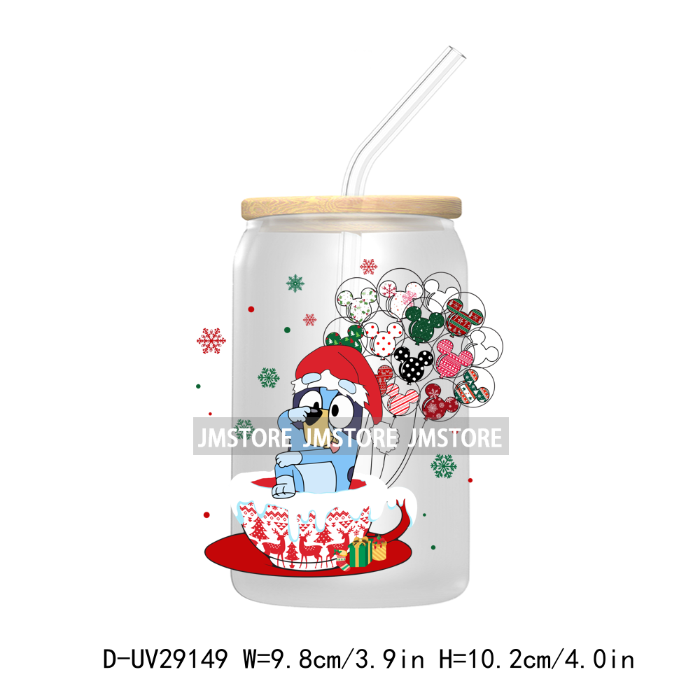 Blue Dog Cartoon Christmas Family UV DTF Transfer Stickers Decals For Libbey Cold Cups Mug Tumbler Waterproof Label Xmas Holiday