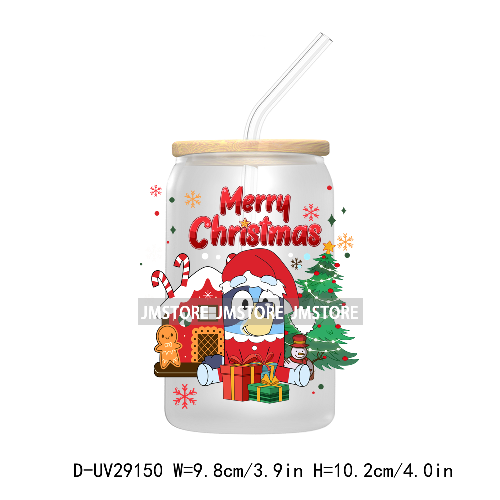 Blue Dog Cartoon Christmas Family UV DTF Transfer Stickers Decals For Libbey Cold Cups Mug Tumbler Waterproof Label Xmas Holiday