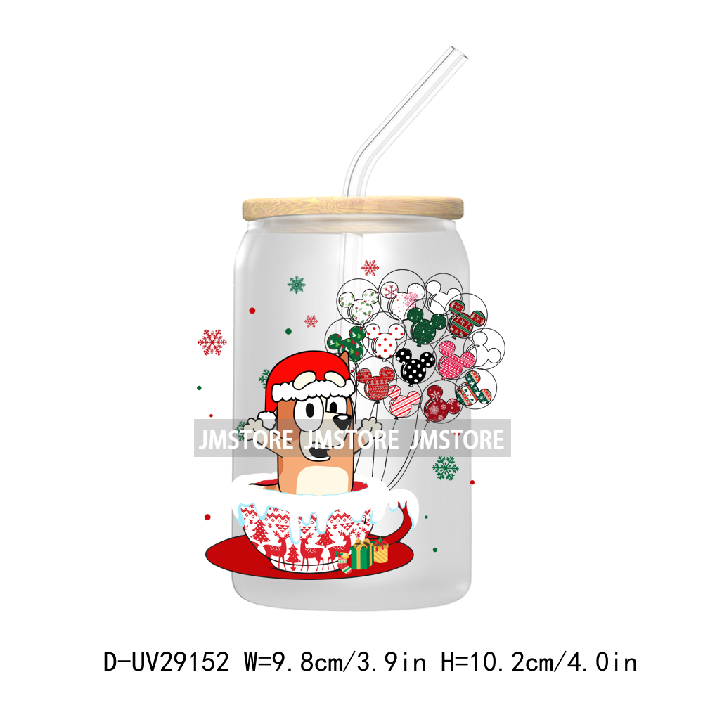 Blue Dog Cartoon Christmas Family UV DTF Transfer Stickers Decals For Libbey Cold Cups Mug Tumbler Waterproof Label Xmas Holiday