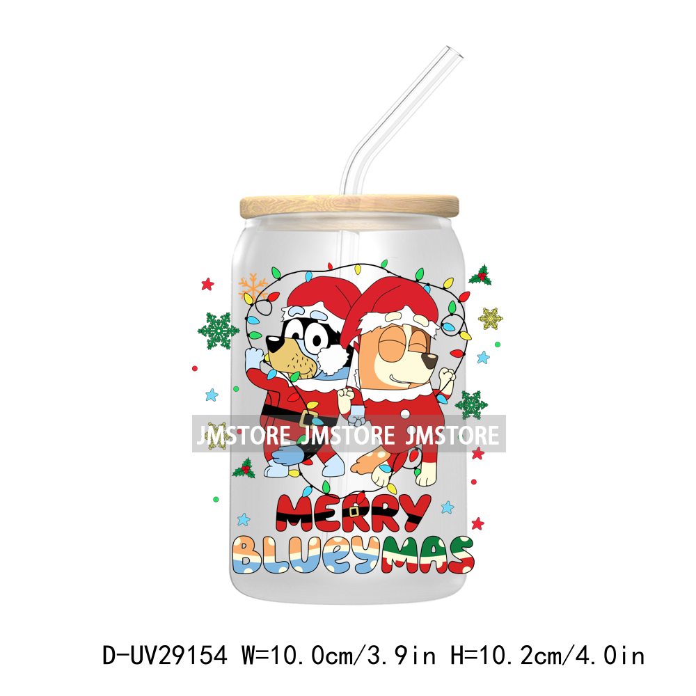 Blue Dog Cartoon Christmas Family UV DTF Transfer Stickers Decals For Libbey Cold Cups Mug Tumbler Waterproof Label Xmas Holiday