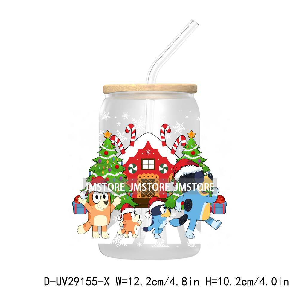 Blue Dog Cartoon Christmas Family UV DTF Transfer Stickers Decals For Libbey Cold Cups Mug Tumbler Waterproof Label Xmas Holiday