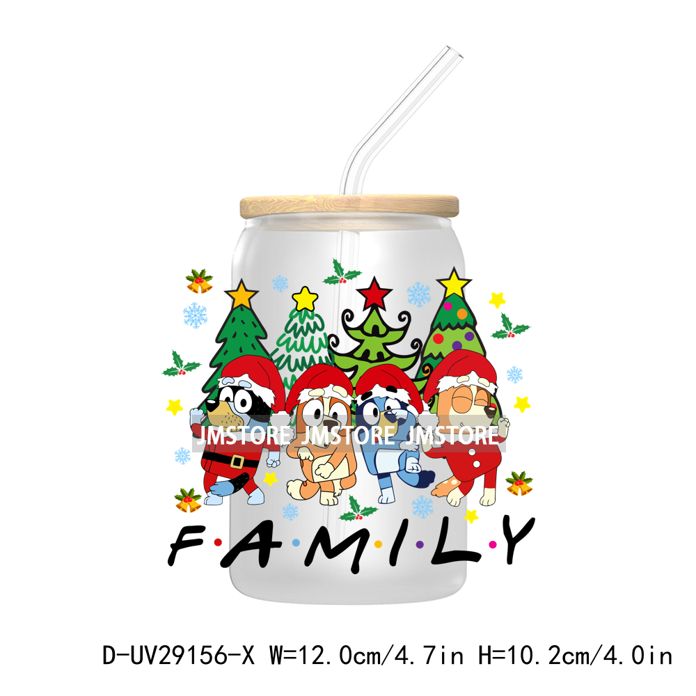 Blue Dog Cartoon Christmas Family UV DTF Transfer Stickers Decals For Libbey Cold Cups Mug Tumbler Waterproof Label Xmas Holiday